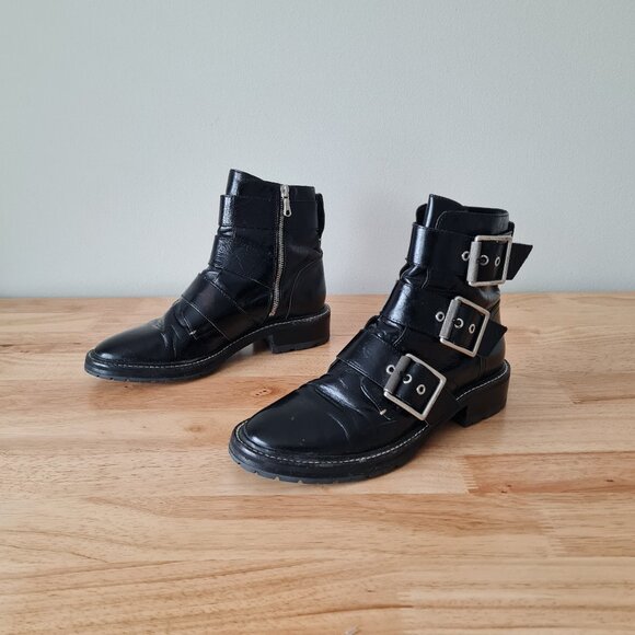 Rag & Bone Cannon Buckle Boots Black Moto Ankle Zip Up 38.5 Patent Leather - Picture 1 of 8